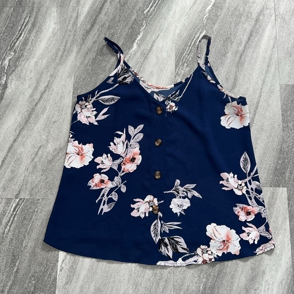 Floral navy blue, white, & pink button down tank top Large adjustable straps - Picture 11 of 12